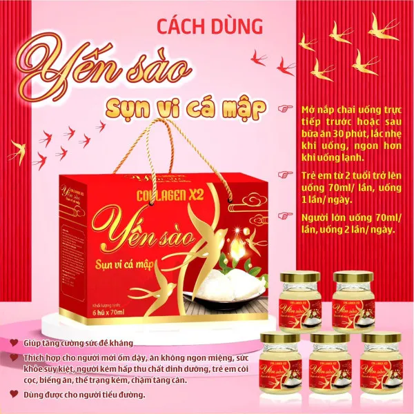 Yến Sào Sụn Vi Cá Mập Colagen X2_ Đỏ, Quai Xách (H/6 Hũ X 70Ml)